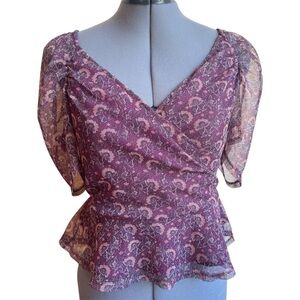 American Eagle Sheer Floral Wrap Top Fairycore Cottagecore Peplum Boho Purple